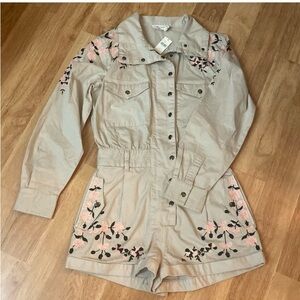 By Anthropologie Long-Sleeve Floral Embroidered Western Romper Pink Black Small